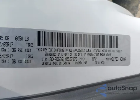 2019 Dodge Grand Caravan Se из США, поврежденный, VIN 2C4RDGBG1KR527178